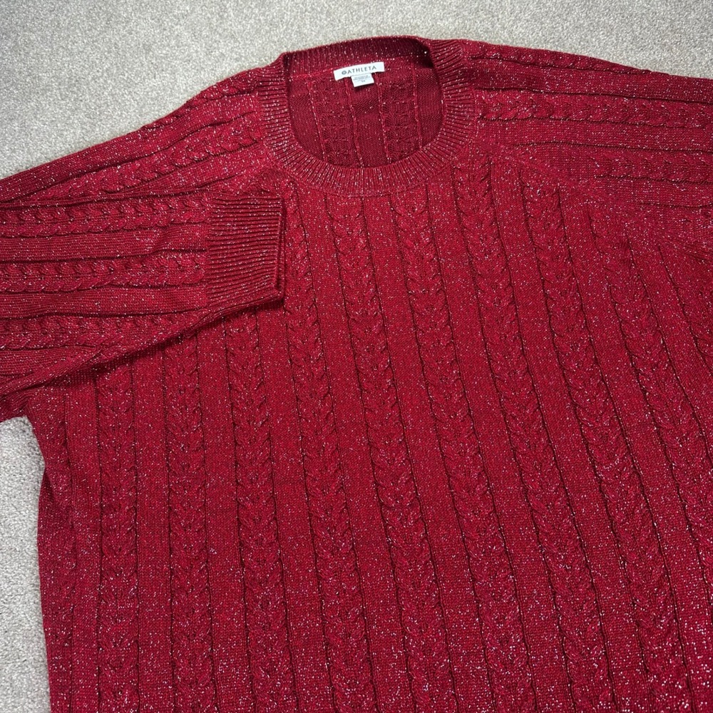 Athleta Crossroads Red Cable Knit Sparkle Sweater Crew Neck Women 1X Holiday‎
